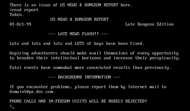 Mainframe Zork Dungeon Report dated 01 October 1994. FORTRAN source compiled for MS-DOS.