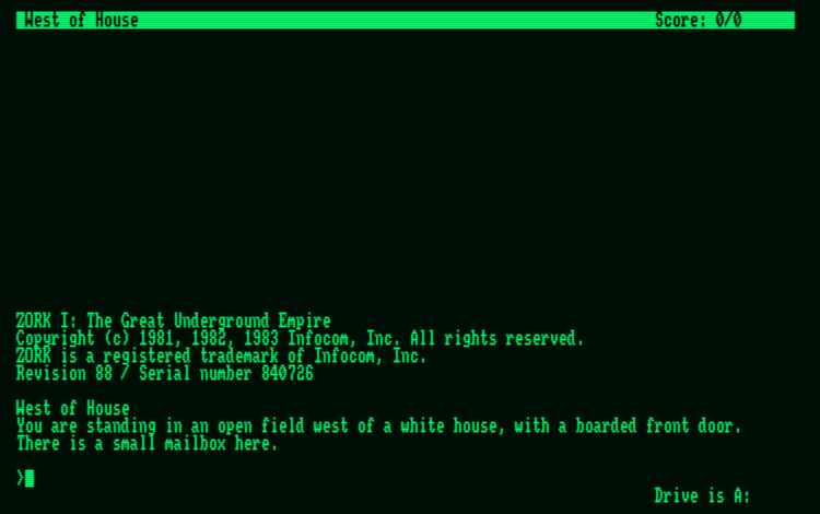 Zork I opening screen on Amstrad PCW, Release 88
