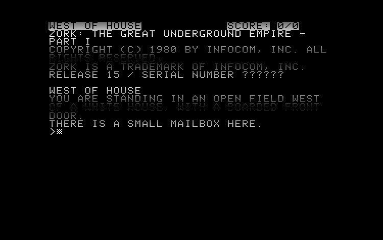 Zork I opening screen on Apple II, Release 15, 1980