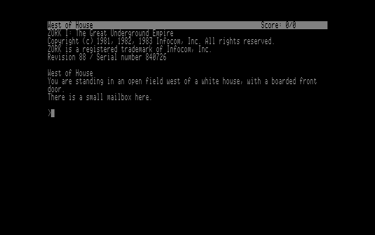 Zork I opening screen on Apple IIe, Release 88