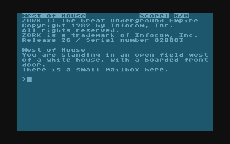 Zork I opening screen on Atari 800, Release 26