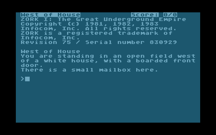 Zork I opening screen on Atari 800, Release 75