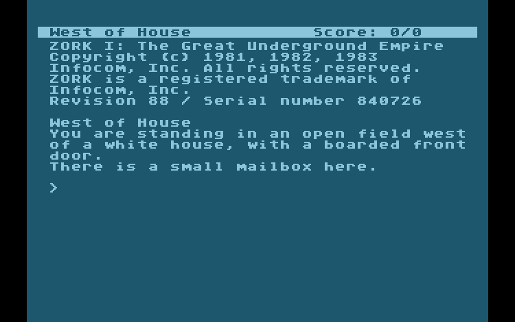 Zork I opening screen on Atari 800, Release 88