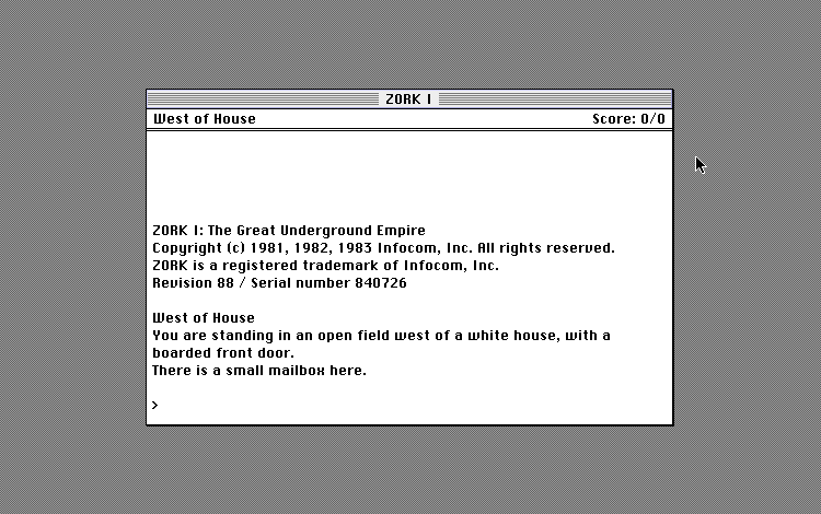 Zork I opening screen on Apple Macintosh, Release 88 (font set to Chicago)