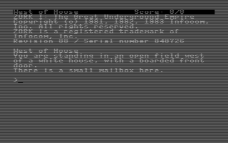 Zork I opening screen on Commodore Plus 4, Release 88